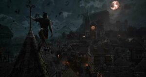 Read more about the article The Blood of Dawnwalker, former Witcher 3 devs' vampire RPG, shows off a guy being blood explosioned by a flying old lady