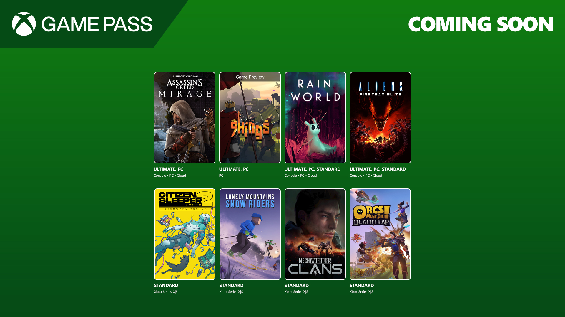You are currently viewing Coming to Game Pass: Assassin’s Creed Mirage, 9 Kings (Game Preview), Rain World, and More